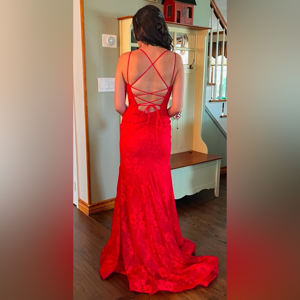 Beautiful red lace with sequins detailed prom gown